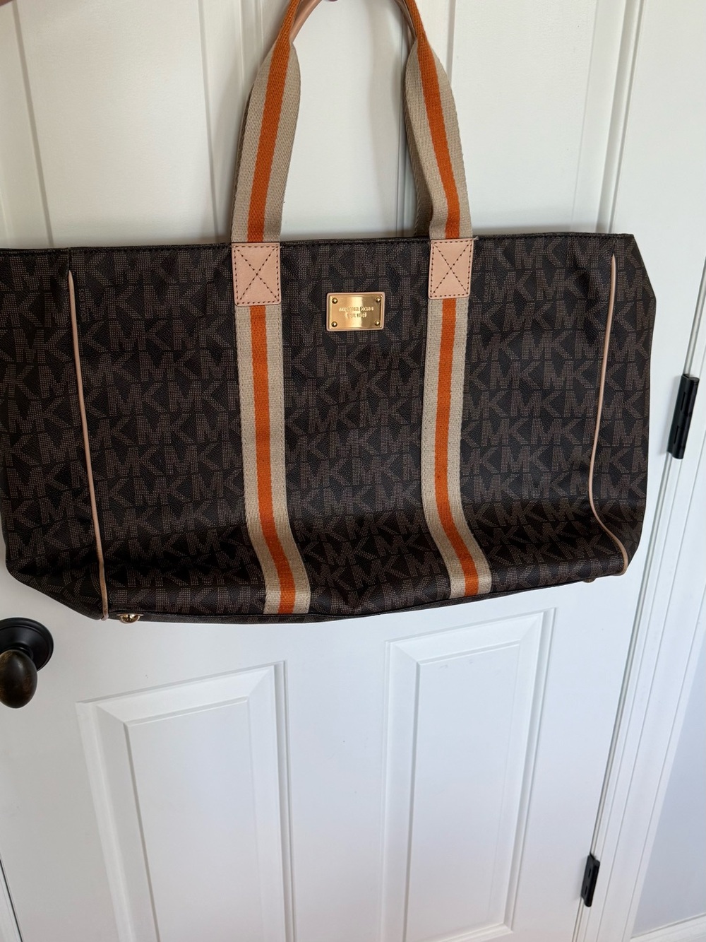 Michael Kors Brown MK Logo Canvas Tote with Orange and Tan Striped Handles